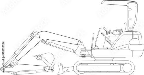 Technical engineering drawing showing a side elevation of a compact mini excavator with a hydraulic arm, bucket, tracks, and operator cabin.