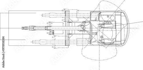 Technical engineering drawing showing a top-down plan view of a snowmobile vehicle with wireframe details of the chassis, engine, skis, and handlebars.