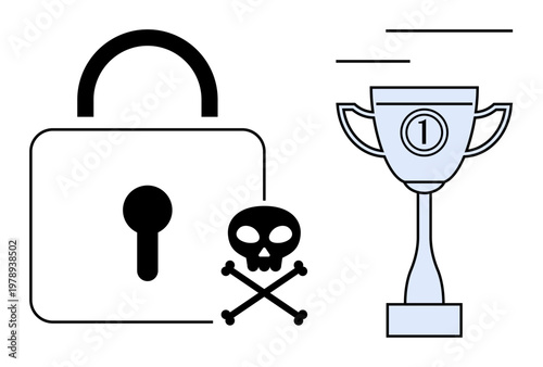 Cybersecurity measures. Cybersecurity illustrated by a lock and skull for data protection threats, paired with a trophy success. Cybersecurity in business, technology, and online safety. data