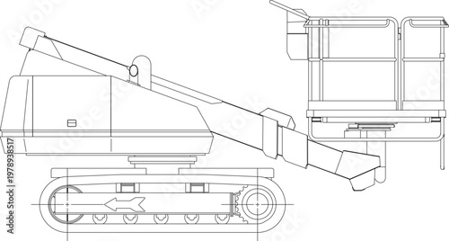 Technical engineering drawing showing a side elevation of a tracked aerial lift vehicle with an articulated boom arm and a worker basket platform.