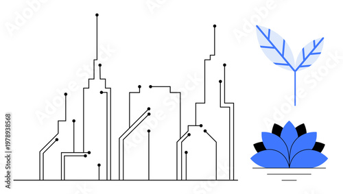 Technology, sustainability, smart cities, green technology, digital innovation, urban development. Minimalistic cityscape with circuit patterns and botanical elements. Smart cities and sustainability