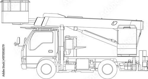 Technical engineering drawing showing a side elevation of a truck-mounted aerial lift with a boom arm and worker basket platform.