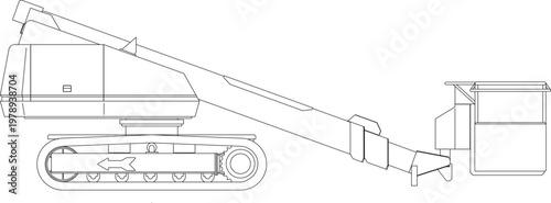 Technical engineering drawing showing a side elevation of a tracked aerial lift vehicle with a long articulated boom arm and a worker basket.