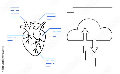 Digital healthcare concept. Heart with data nodes connected to cloud technology highlighting medical advancements. Digital healthcare enables remote monitoring, cloud-based diagnostics, and data