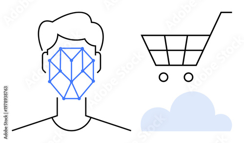 Biometrics, e-commerce, cloud storage, online security, data analysis, authentication. Face scanning with grid overlay, shopping cart cloud symbol. Biometrics and e-commerce security concept