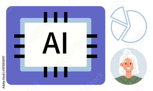 Artificial intelligence, data analysis, technology, AI-driven insights, machine learning tools, user interaction. AI chip with statistics and a smiling person. Artificial intelligence and data