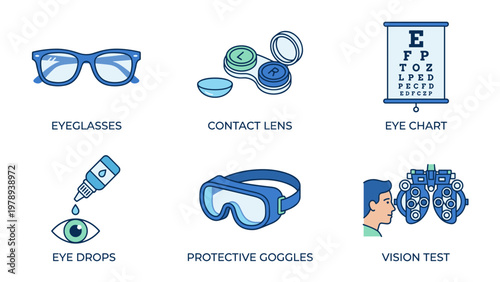 A set of eye care icons including eyeglasses, contact lens, eye chart, eye drops, protective goggles, and vision test on transparent background