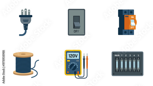 A set of electrical icons including a plug, switch, outlet, wire, multimeter, and circuit breaker on transparent background
