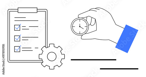 Time management, productivity, workflow efficiency, project planning, task prioritization, scheduling tools. A checklist clipboard, gear and a hand holding a small clock. Time management