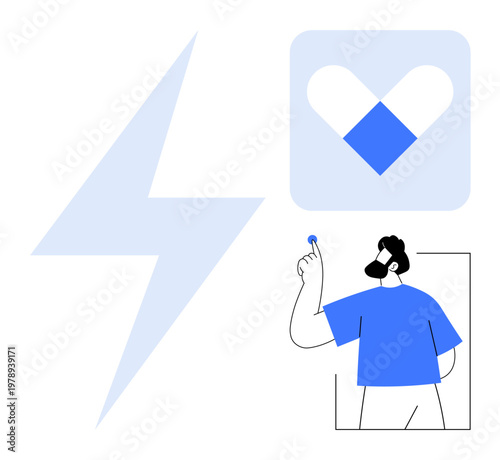 Healthcare, medication, digital health, pharmaceutical industry, wellness apps, modern treatment. Man holding pill next to health icon and lightning bolt. Healthcare and digital health concept