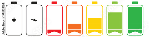 Battery indicator symbols. Battery level icon Set of vertical battery charge level indicators in percentage vector.