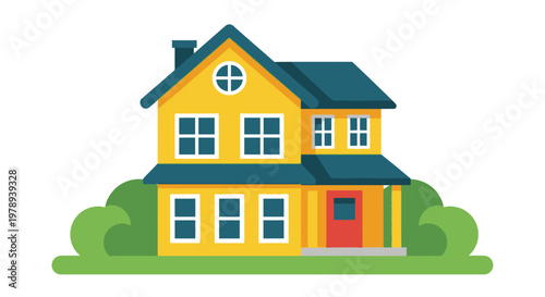 A cheerfully colored two story house with a blue roof and vibrant yellow walls is depicted