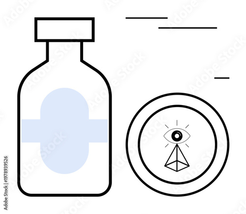 Healthcare, vision care, medical treatment, holistic medicine, pharmaceutical research, and mindfulness. Bottle with cross and eye symbol in circle. Healthcare and vision care concept