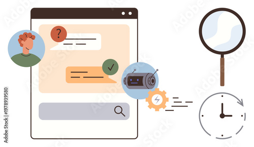 Digital assistance, online communication, AI technology, chatbot support, quick response, automation. A chat window with icons for search, time and bot interaction. Digital assistance and online