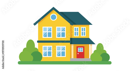 A brightly colored two story yellow house with a dark blue roof and neatly trimmed green bushes