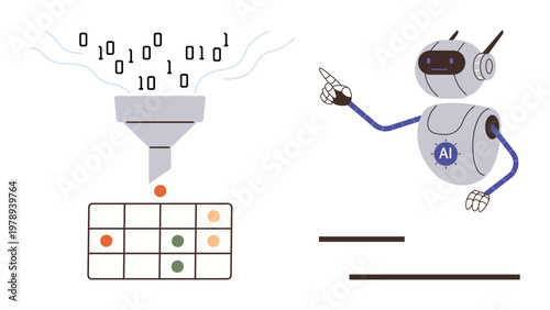 Artificial intelligence, data processing, machine learning, automation, algorithm systems, innovation. A robot pointing towards a binary-to-data table conversion process. AI and data processing
