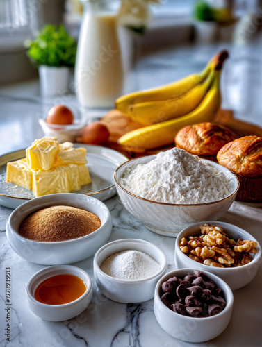 Top view of banana bread baking ingredients on a marble kitchen counter. AI generated