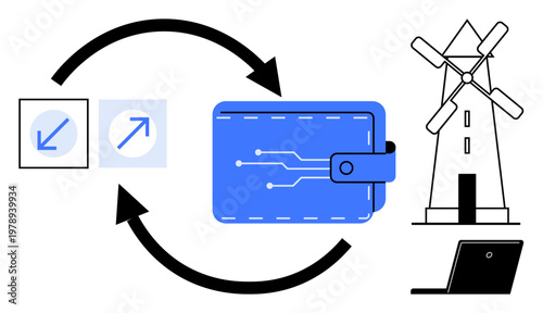 Renewable energy, digital finance, sustainability, eco-friendly technology, blockchain, data sharing. Wallet, windmill arrows and laptop . Renewable energy and digital finance concept