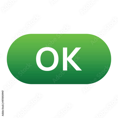Modern Green OK Button Icon for Web Design and Mobile App UI - Vector Illustration of Rounded Pill-Shaped Confirmation Element with Gradient for Digital Interface Success and User Accept Action.