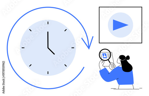 Time management concept. Clock productivity with a researcher analyzing data and a play button for digital media. Time management for productivity tools, online learning, and workplace efficiency
