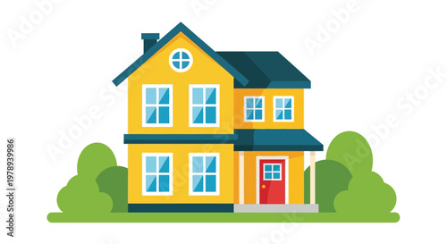 A brightly colored two story house with a dark blue roof and green shrubbery is depicted