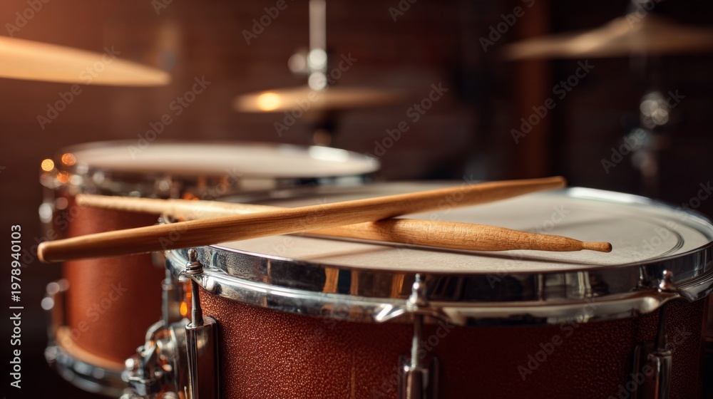 Fototapeta premium Drum set with drumsticks resting on the snare drum ready for performance in a music studio during late afternoon