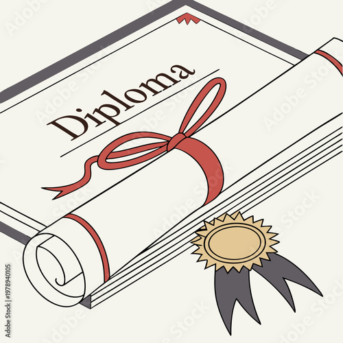 Diploma about graduation of university, college, school, education certificate, graduation degree, scroll tied with red ribbon with medal, close up, perspective view. 3d realistic Vector illustration
