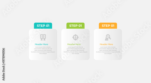 Three steps with icons headers and sample text information.