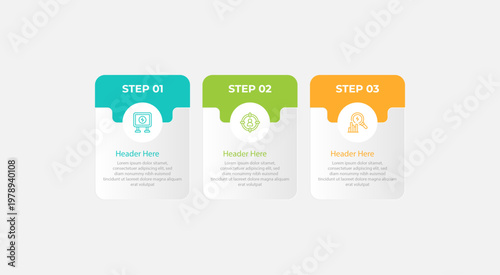 Three steps with icons headers and sample text information.