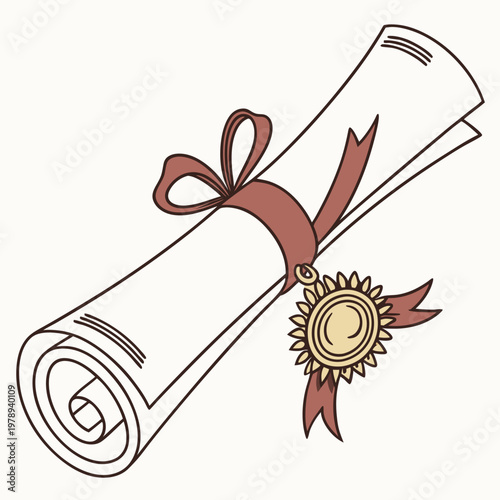 Diploma about graduation of university, college, school, education certificate, graduation degree, scroll tied with red ribbon with medal, close up, perspective view. 3d realistic Vector illustration