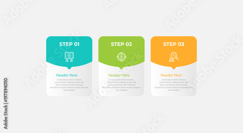Three steps with icons headers and sample text information.