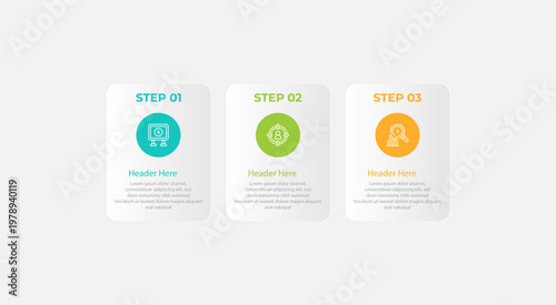 Three steps with icons headers and sample text information.
