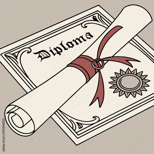 Diploma about graduation of university, college, school, education certificate, graduation degree, scroll tied with red ribbon with medal, close up, perspective view. 3d realistic Vector illustration