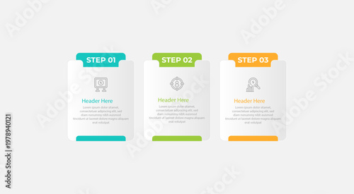 Three steps with icons headers and sample text information.