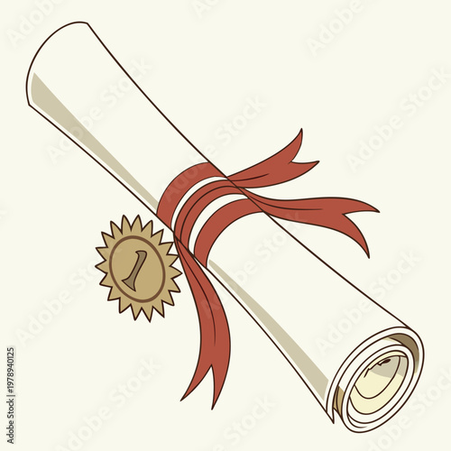 Diploma about graduation of university, college, school, education certificate, graduation degree, scroll tied with red ribbon with medal, close up, perspective view. 3d realistic Vector illustration