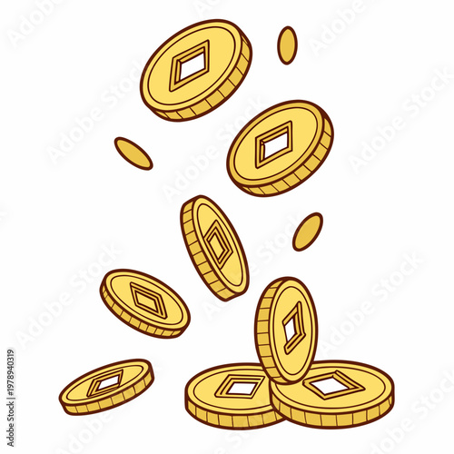 Golden rain of chinese traditional gold coins with square hole. Feng shui good luck coins flying and fall. Luxury design element. Isolated on white background. Vector 3d illustration