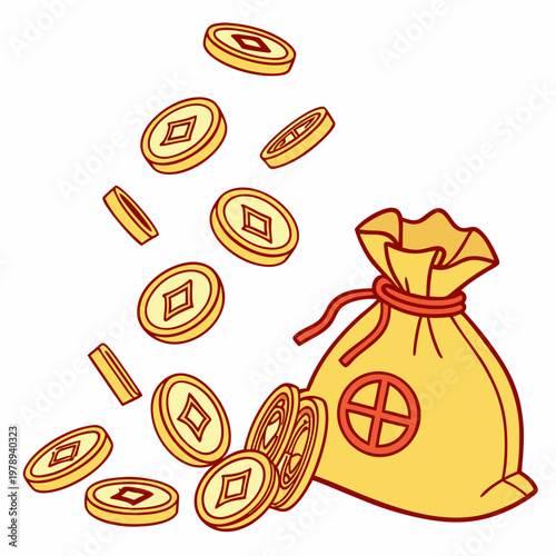 Golden rain of chinese traditional gold coins with square hole. Feng shui good luck coins flying and fall. Luxury design element. Isolated on white background. Vector 3d illustration