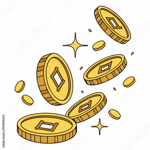 Golden rain of chinese traditional gold coins with square hole. Feng shui good luck coins flying and fall. Luxury design element. Isolated on white background. Vector 3d illustration