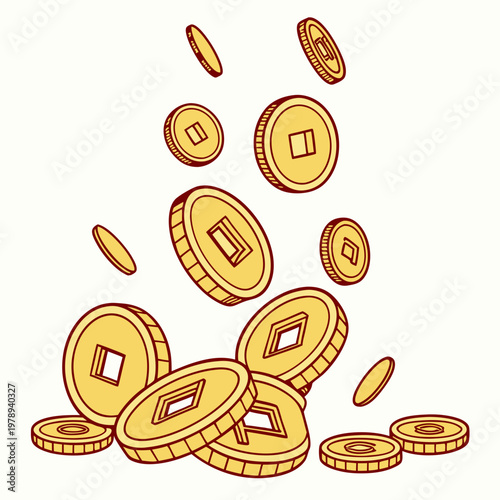 Golden rain of chinese traditional gold coins with square hole. Feng shui good luck coins flying and fall. Luxury design element. Isolated on white background. Vector 3d illustration