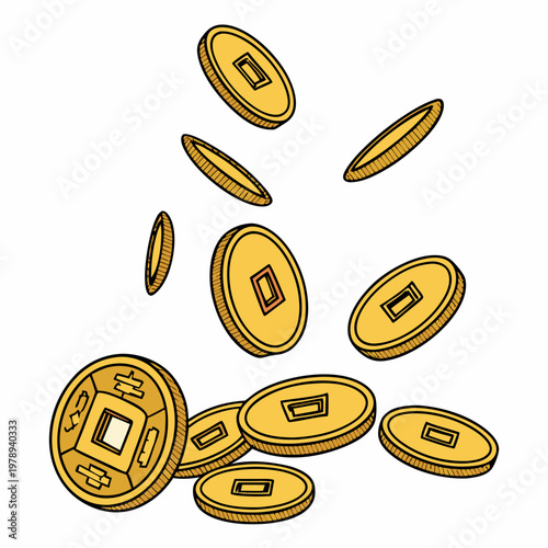 Golden rain of chinese traditional gold coins with square hole. Feng shui good luck coins flying and fall. Luxury design element. Isolated on white background. Vector 3d illustration