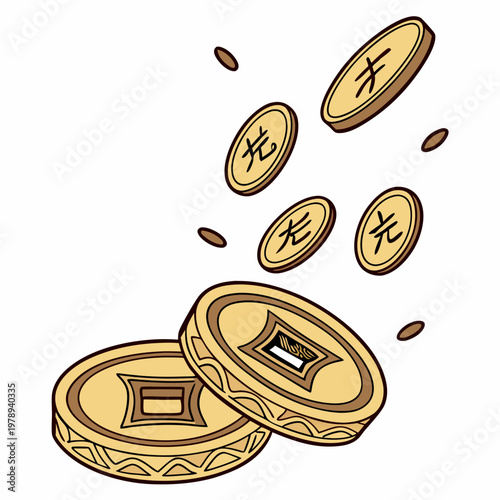 Golden rain of chinese traditional gold coins with square hole. Feng shui good luck coins flying and fall. Luxury design element. Isolated on white background. Vector 3d illustration