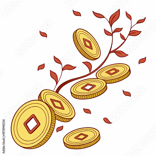 Golden rain of chinese traditional gold coins with square hole. Feng shui good luck coins flying and fall. Luxury design element. Isolated on white background. Vector 3d illustration