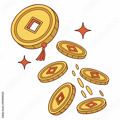 Golden rain of chinese traditional gold coins with square hole. Feng shui good luck coins flying and fall. Luxury design element. Isolated on white background. Vector 3d illustration