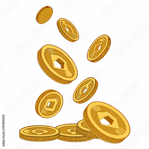 Golden rain of chinese traditional gold coins with square hole. Feng shui good luck coins flying and fall. Luxury design element. Isolated on white background. Vector 3d illustration
