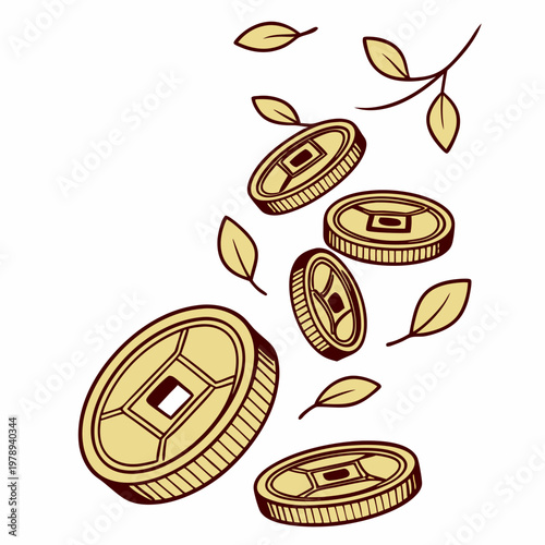 Golden rain of chinese traditional gold coins with square hole. Feng shui good luck coins flying and fall. Luxury design element. Isolated on white background. Vector 3d illustration