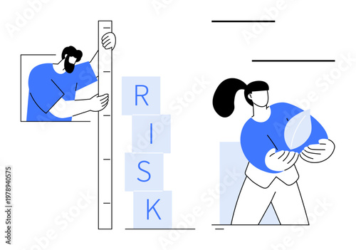 Risk management, sustainability, teamwork, growth strategy, decision-making, environmental care. Two figures manipulate risk blocks and hold a leaf. Risk management and sustainability are