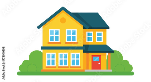 A cheerful two story house illustration with a yellow facade dark blue roof and simple design