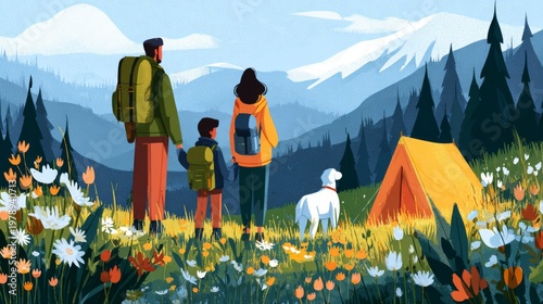 Family enjoys camping trip in nature with dog exploring mountains and flowers during daytime in summer