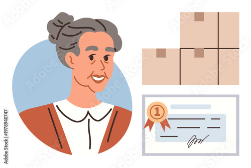 Career recognition, achievement, life experience, professional development, logistics, or education. An older woman with a diploma and stacked boxes. Career recognition and professional development