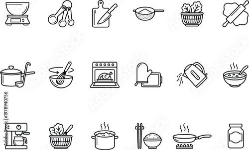 A collection of various kitchen utensils and appliances for cooking and food preparation